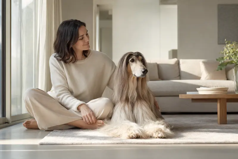 Ein entspannter Afghanischer Windhund sitzt neben seinem Halter in einer modernen Wohnung und vermittelt eine vertrauensvolle Atmosphäre.
