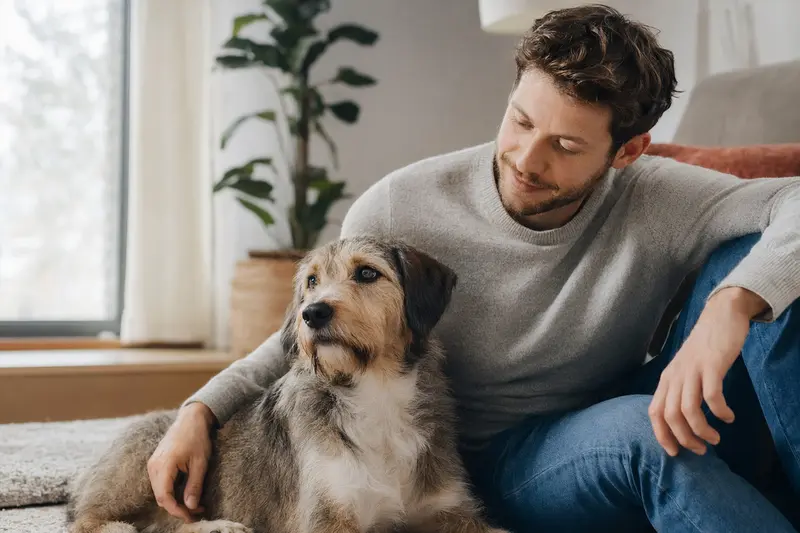 Ein gesunder Aiidi sitzt entspannt neben seinem Halter in einer hellen modernen Wohnung und vermittelt als Hundeversicherung-Hero-Bild Vertrauen und Geborgenheit.