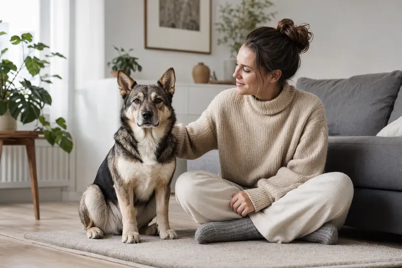 Ein glücklicher Ainu-Hund sitzt entspannt neben seinem Besitzer in einer modernen Wohnung.