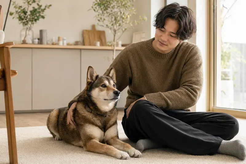 Ein glücklicher Ainu Inu sitzt entspannt neben seinem Halter in einer modernen Wohnung und genießt die vertrauensvolle Atmosphäre.