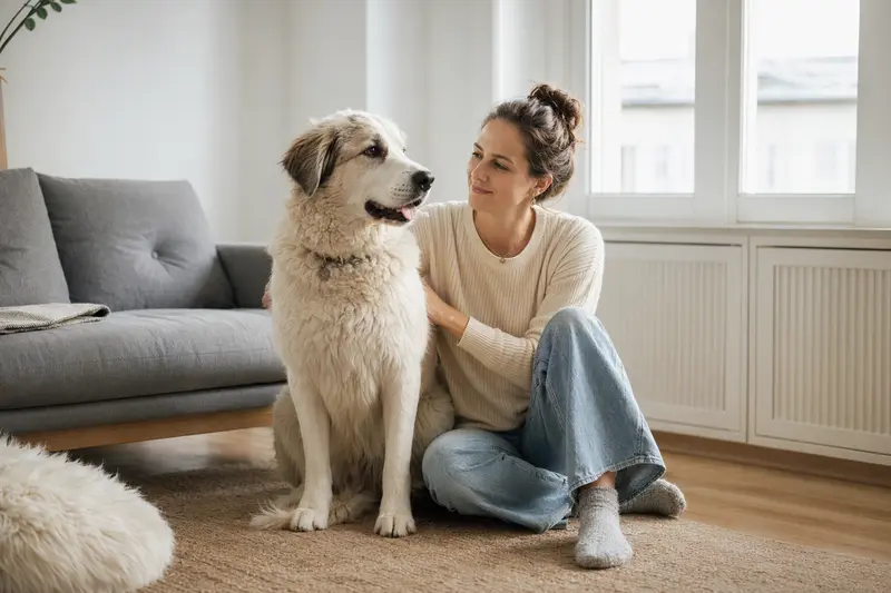 Ein freundlicher Akbash sitzt entspannt neben seinem Besitzer in einer modernen Wohnung und strahlt Zufriedenheit aus.