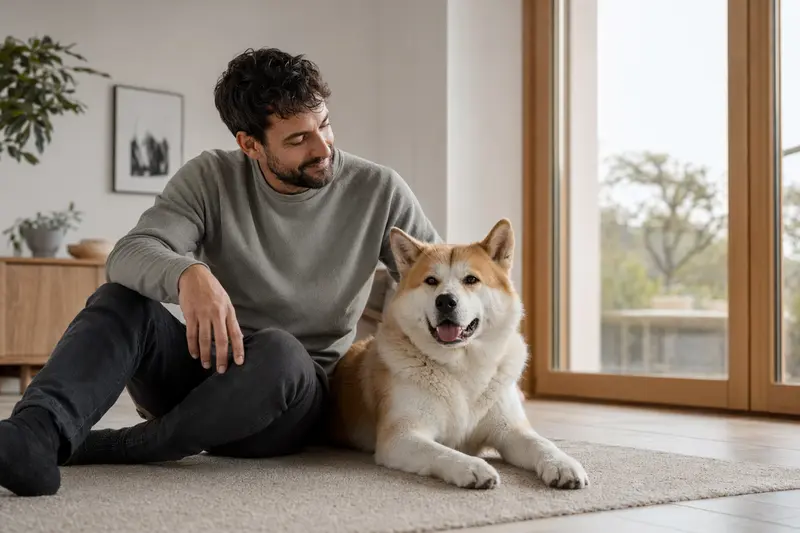 Ein glücklicher Akita Inu sitzt entspannt neben seinem Halter in einer modernen Wohnung.