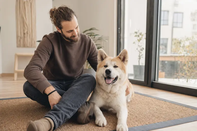 Ein glücklicher Akita Ken sitzt entspannt neben seinem Besitzer in einer hellen Wohnung und vermittelt Vertrauen rund um Hundegesundheit und Versicherung.