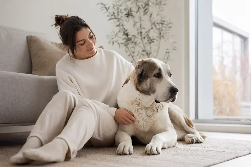 Ein glücklicher Alabai Hund sitzt entspannt neben seinem Besitzer in einer hellen modernen Wohnung.