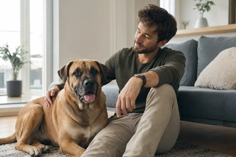 Ein Alangu Mastiff sitzt entspannt neben seinem Besitzer in einer modernen Wohnung.