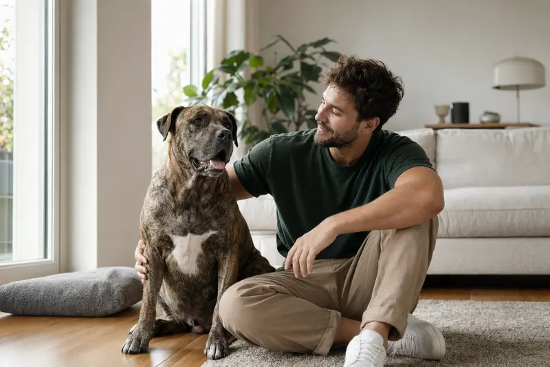 Ein entspannter Alano Español sitzt glücklich neben seinem Besitzer in einer modernen Wohnung und strahlt Vertrauen aus.