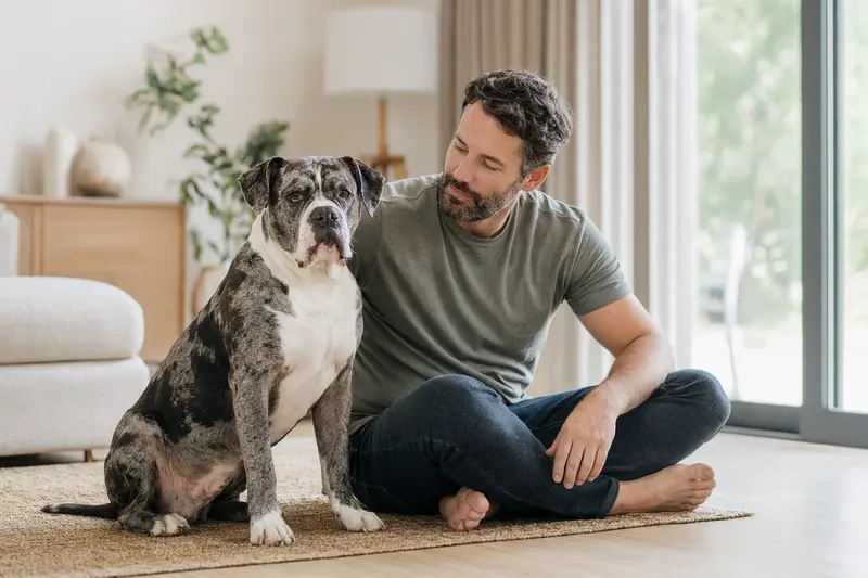 Ein gesunder Alapaha Blue Blood Bulldog sitzt entspannt neben seinem Besitzer in einer modernen Wohnung und vermittelt eine vertrauensvolle Atmosphäre.