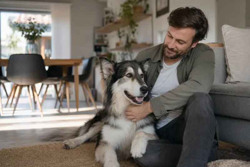 Ein glücklicher Alaskan Indian Dog sitzt entspannt neben seinem Halter in einer modernen Wohnung.