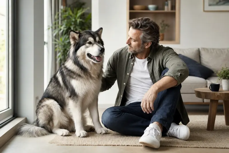Ein glücklicher Alaskan Malamute sitzt entspannt neben seinem Besitzer in einer hellen Wohnung.