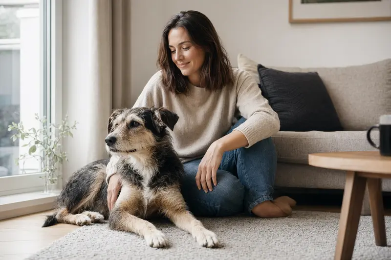 Ein glücklicher Hund sitzt entspannt neben seinem Besitzer in einer modernen Wohnung und vermittelt eine vertrauensvolle Atmosphäre.