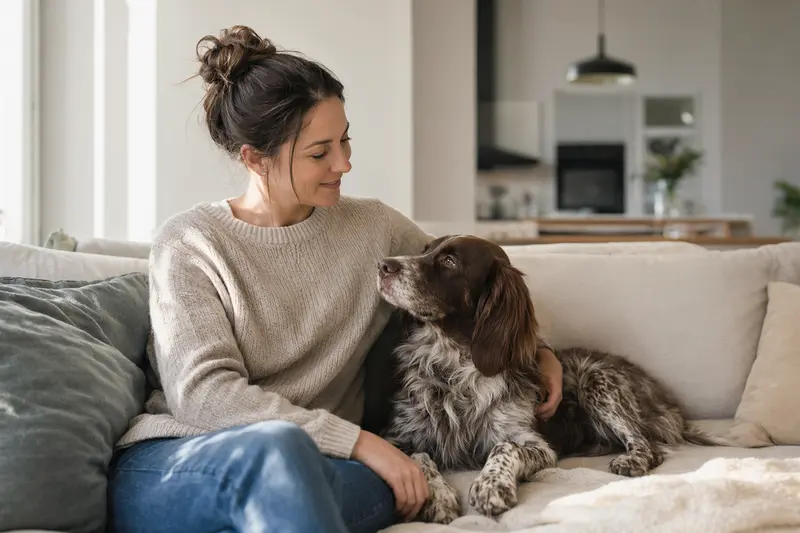 Ein freundlicher Altdänischer Hühnerhund sitzt entspannt neben seinem Besitzer in einer modernen Wohnung.