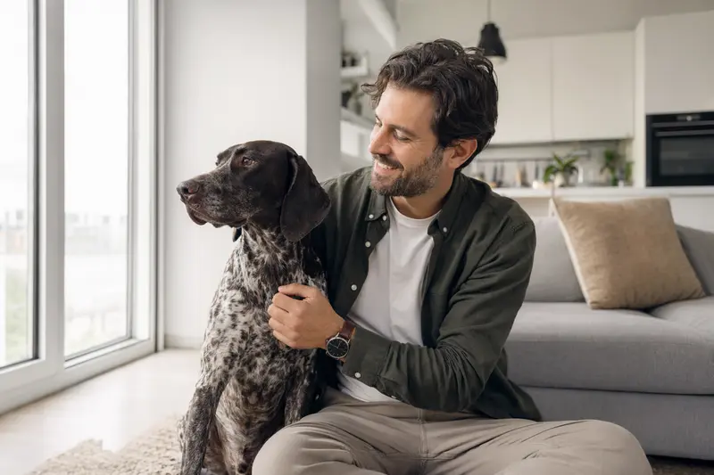 Ein glücklicher Altdänischer Vorstehhund sitzt entspannt neben seinem Besitzer in einer modernen Wohnung.