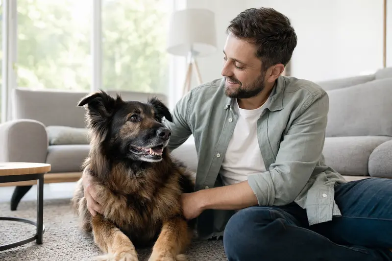 Ein entspannter Altdeutscher Schäferhund sitzt neben seinem Halter in einer modernen Wohnung und vermittelt eine vertrauensvolle Atmosphäre.