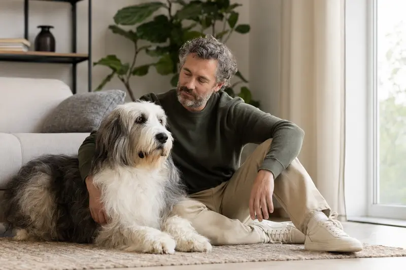 Ein glücklicher Altenglischer Schäferhund sitzt entspannt neben seinem Halter in einer hellen, modernen Wohnung.