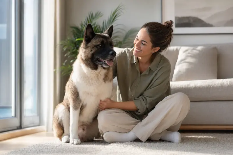 Ein entspannter American Akita sitzt neben seinem Besitzer in einer modernen Wohnung und strahlt Zufriedenheit aus.
