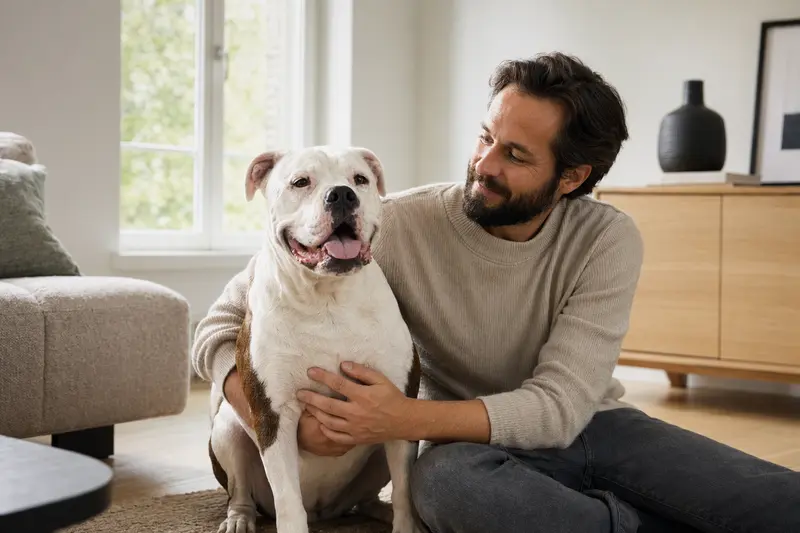 Ein entspannter American Bulldog sitzt neben seinem Halter in einer modernen Wohnung.