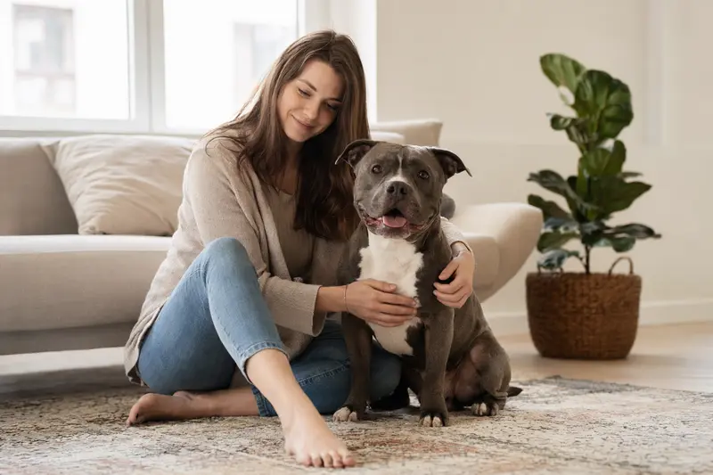 Ein entspannter American Bully sitzt neben seinem Besitzer in einer hellen Wohnung, was eine vertrauensvolle Atmosphäre schafft.