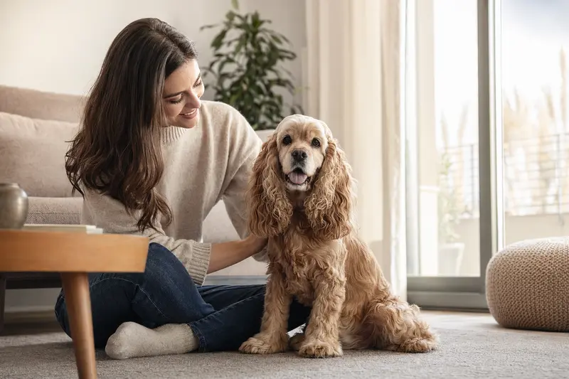 Ein entspannter American Cocker Spaniel sitzt neben seinem Besitzer in einer modernen Wohnung.