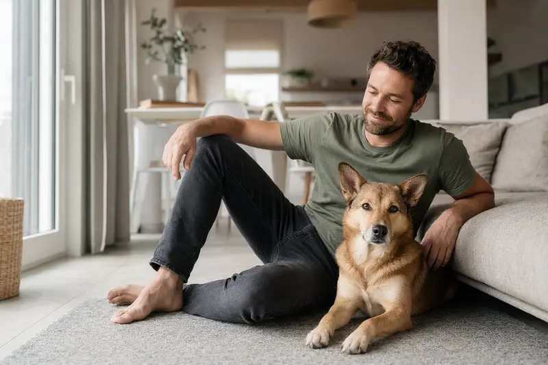 Ein entspannter American Dingo sitzt neben seinem Besitzer in einer modernen Wohnung und strahlt Vertrauen aus.