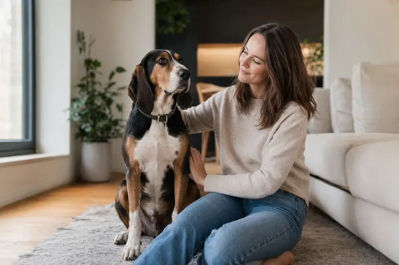 Ein glücklicher American English Coonhound sitzt entspannt neben seinem Besitzer in einer modernen Wohnung.