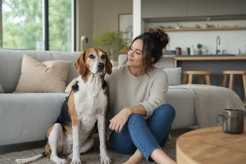 Ein glücklicher American Foxhound sitzt entspannt neben seinem Besitzer in einer modernen Wohnung.