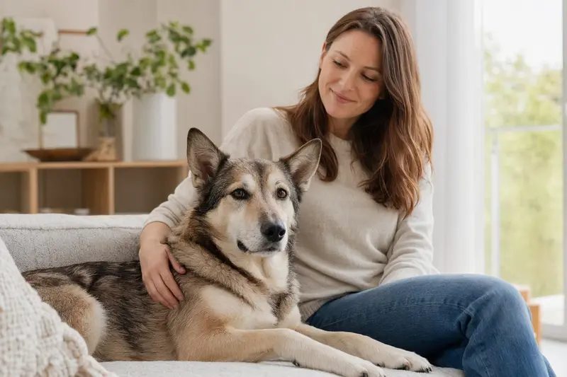 Ein gesunder American Lynx sitzt entspannt neben seinem Besitzer in einer modernen Wohnung, umgeben von warmem Licht.
