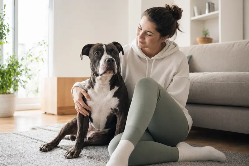Ein American Staffordshire Terrier sitzt entspannt neben seinem Besitzer in einer hellen Wohnung.