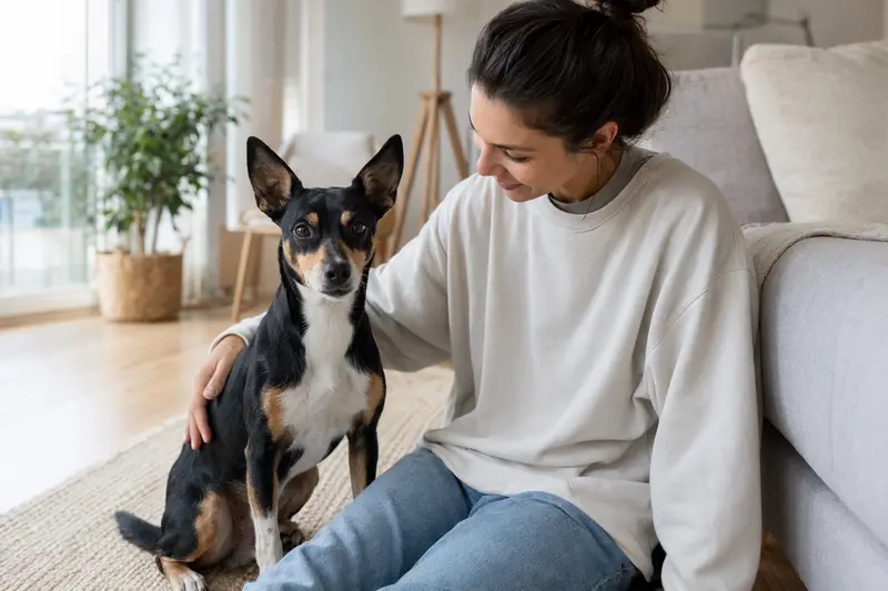 Ein glücklicher American Toy Terrier sitzt entspannt neben seinem Besitzer in einer modernen Wohnung.