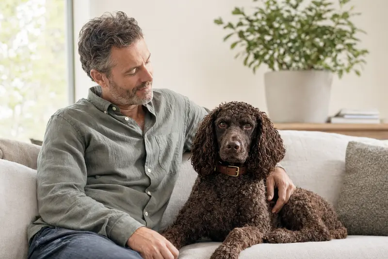 Ein glücklicher American Water Spaniel sitzt entspannt neben seinem Besitzer in einer modernen Wohnung.