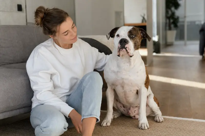 Eine entspannte Amerikanische Bulldogge sitzt neben seinem Besitzer in einer modernen Wohnung und genießt die vertrauensvolle Atmosphäre.