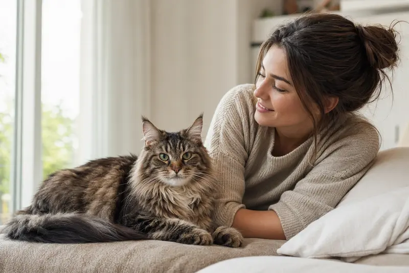 Eine gesunde, langhaarige Amerikanische Stummelschwanzkatze sitzt entspannt neben ihrem Besitzer in einer modernen Wohnung.