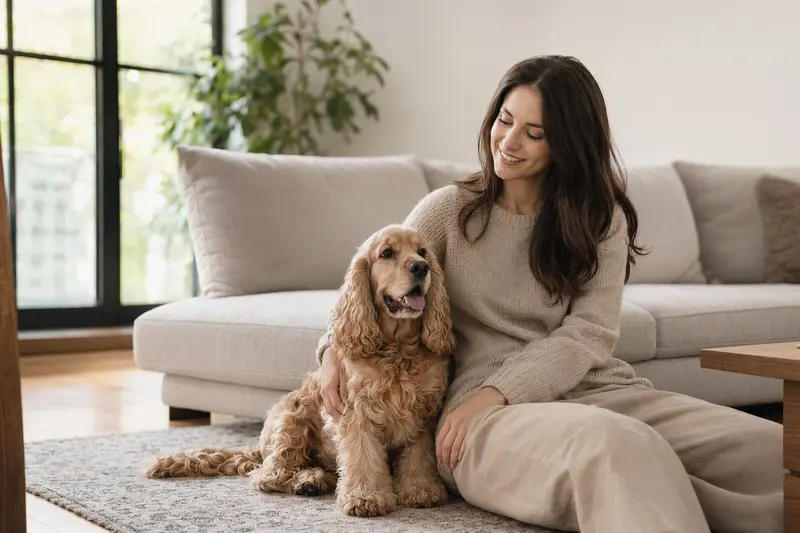 Ein entspannter Amerikanischer Cocker Spaniel sitzt neben seinem Besitzer in einer hellen, modernen Wohnung.