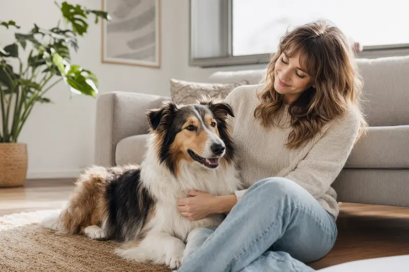 Ein glücklicher Amerikanischer Collie sitzt entspannt neben seinem Besitzer in einer modernen Wohnung.