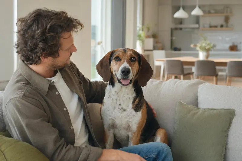 Ein entspannter Amerikanischer Foxhound sitzt neben seinem Halter in einem modernen Wohnraum.