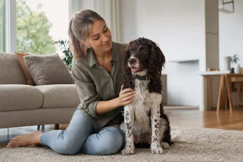 Ein glücklicher Amerikanischer Wasserspaniel sitzt entspannt neben seinem Halter in einer modernen Wohnung.