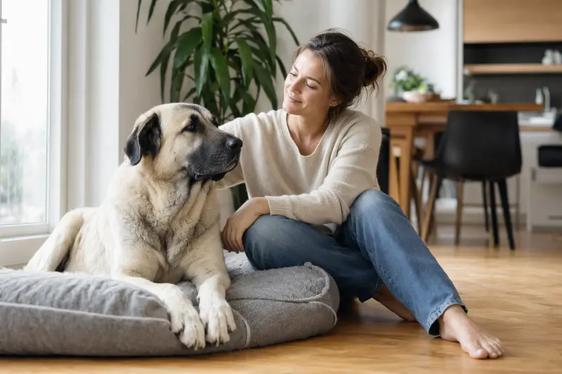 Ein entspannter Anatolischer Hirtenhund sitzt neben seinem Halter in einer modernen Wohnung und genießt die vertrauensvolle Atmosphäre.