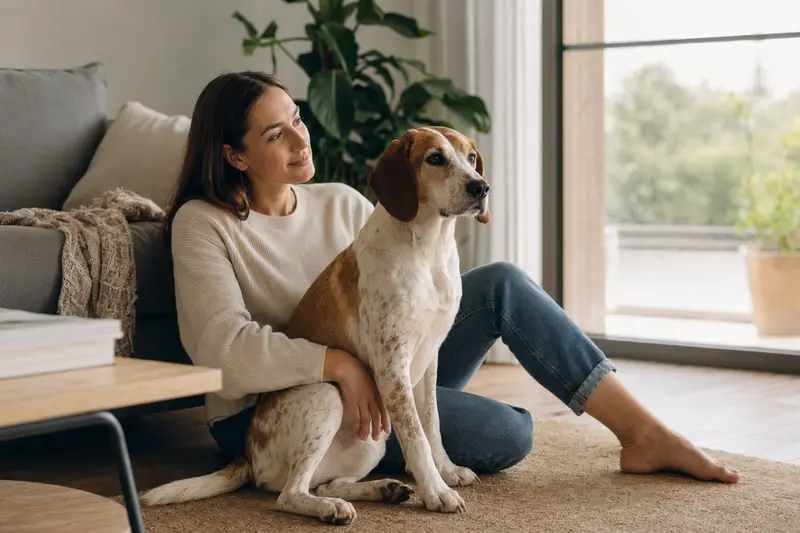 Ein glücklicher Hund, ein Anglo Francais de Petite Venerie, sitzt entspannt neben seinem Halter in einer modernen Wohnung.