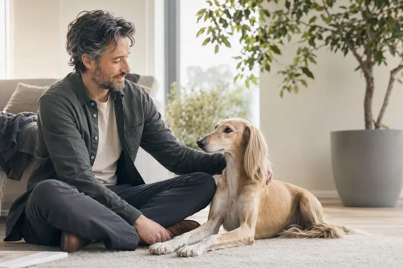 Ein glücklicher Arabischer Windhund sitzt entspannt neben seinem Besitzer in einer modernen Wohnung.
