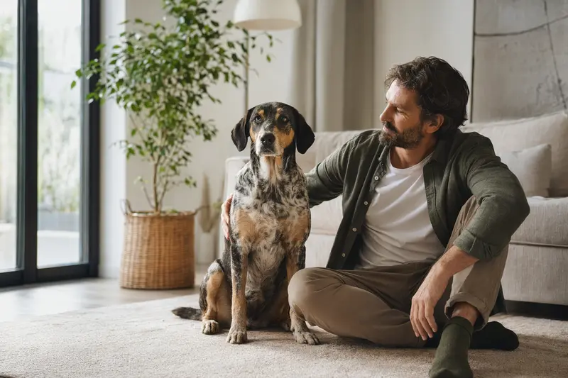 Ein freundlicher Ardennen-Treibhund sitzt entspannt neben seinem Besitzer in einer hellen Wohnung.