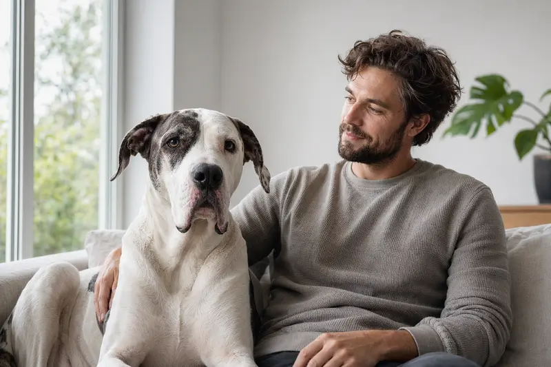 Glücklicher Hund mit Halter in heller Wohnung, Vertrauensvolle Atmosphäre.