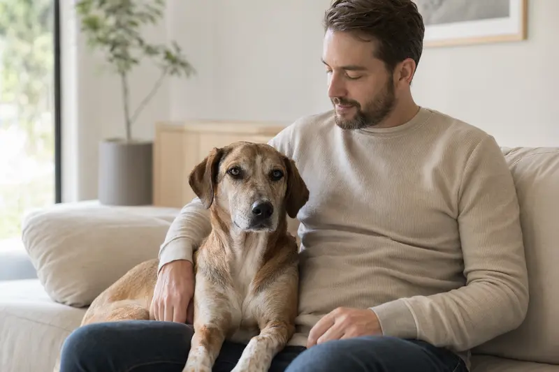 Ein glücklicher Artois Hound sitzt entspannt neben seinem Besitzer in einer hellen, modernen Wohnung.