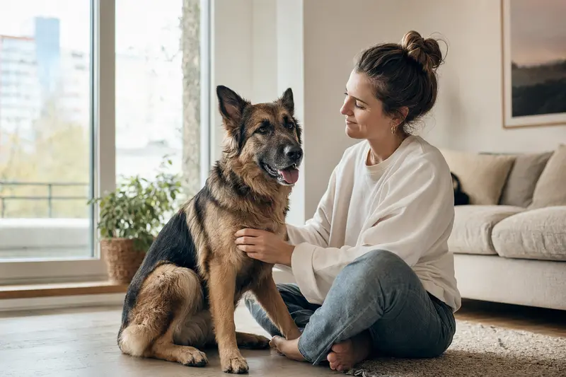 Ein entspannter Atlas Schäferhund sitzt neben seinem Halter in einer modernen Wohnung und strahlt Zufriedenheit aus.