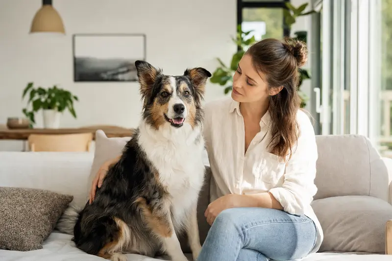 Ein entspannter Atlas Sheepdog sitzt neben seinem Besitzer in einer hellen, modernen Wohnung.