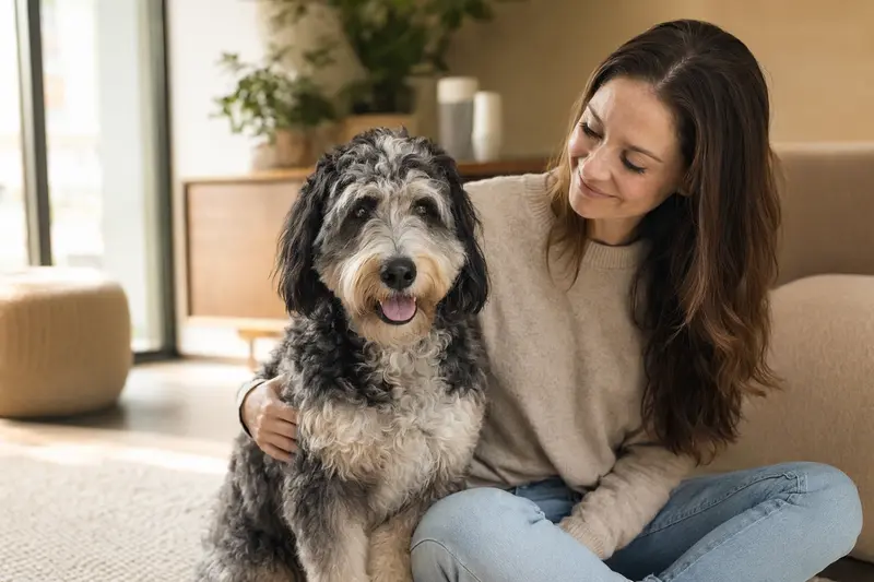 Ein glücklicher Hund, ein Aussiedoodle, sitzt entspannt neben seinem Halter in einer modernen Wohnung.