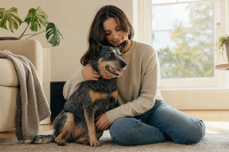 Ein glücklicher Australian Cattle Dog sitzt entspannt neben seinem Halter in einer modernen Wohnung.