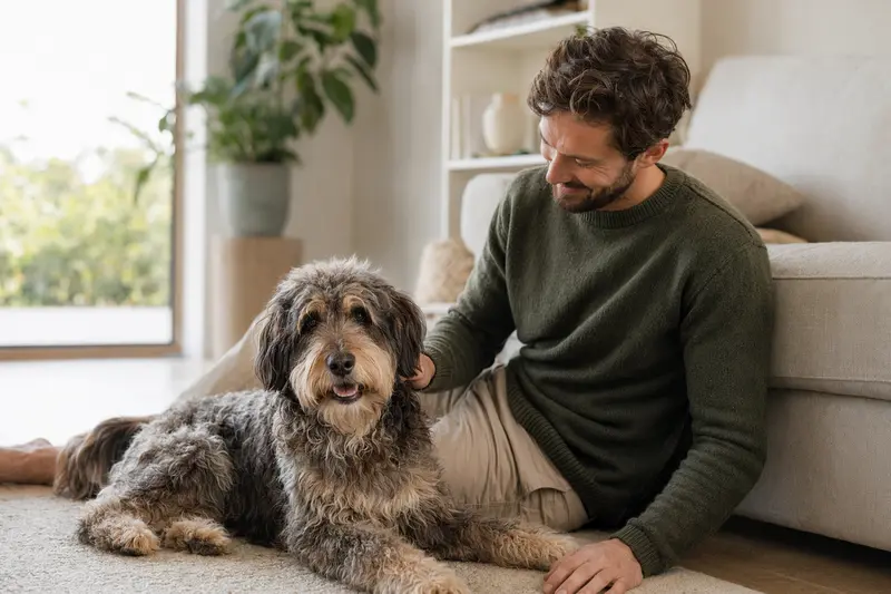 Ein glücklicher Australian Cobberdog sitzt neben seinem Halter in einer hellen, modernen Wohnung mit natürlicher Lichtstimmung.
