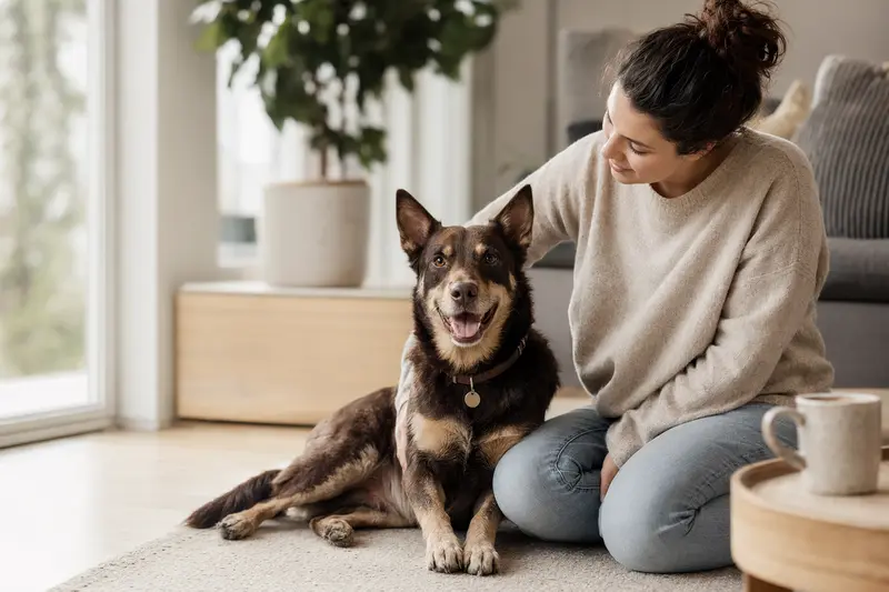 Ein gesunder Australian Kelpie sitzt entspannt neben seinem Besitzer in einer hellen Wohnung.