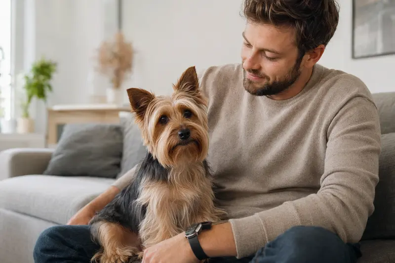 Ein glücklicher Australian Silky Terrier sitzt entspannt neben seinem Besitzer in einer modernen Wohnung.