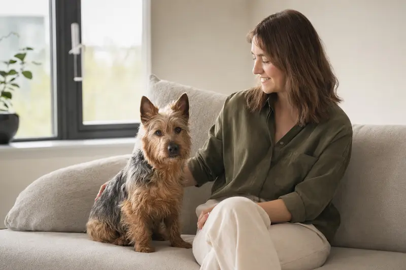 Ein zufriedener Australian Terrier sitzt entspannt neben seinem Halter in einer hellen, modernen Wohnung.