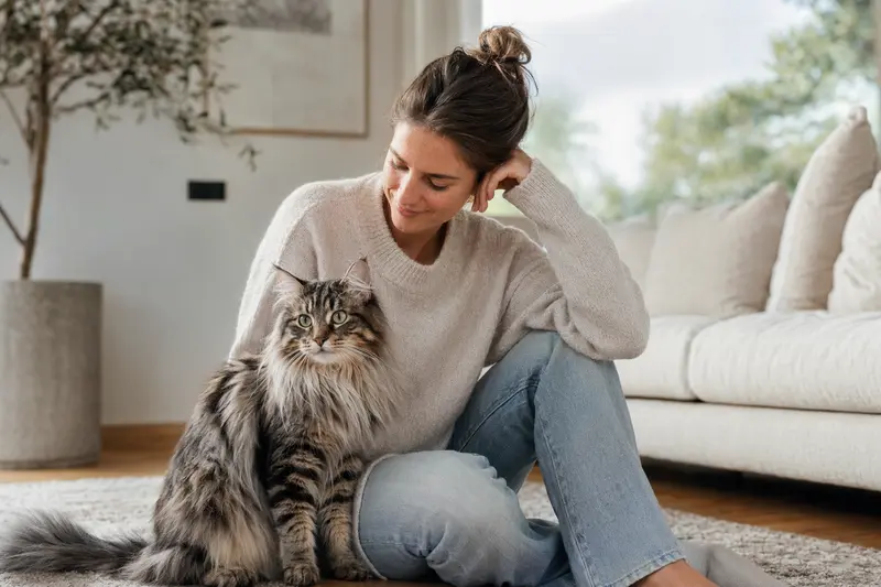 Eine gesunde Australische Schleierkatze sitzt entspannt neben ihrem Besitzer in einer hellen Wohnung.